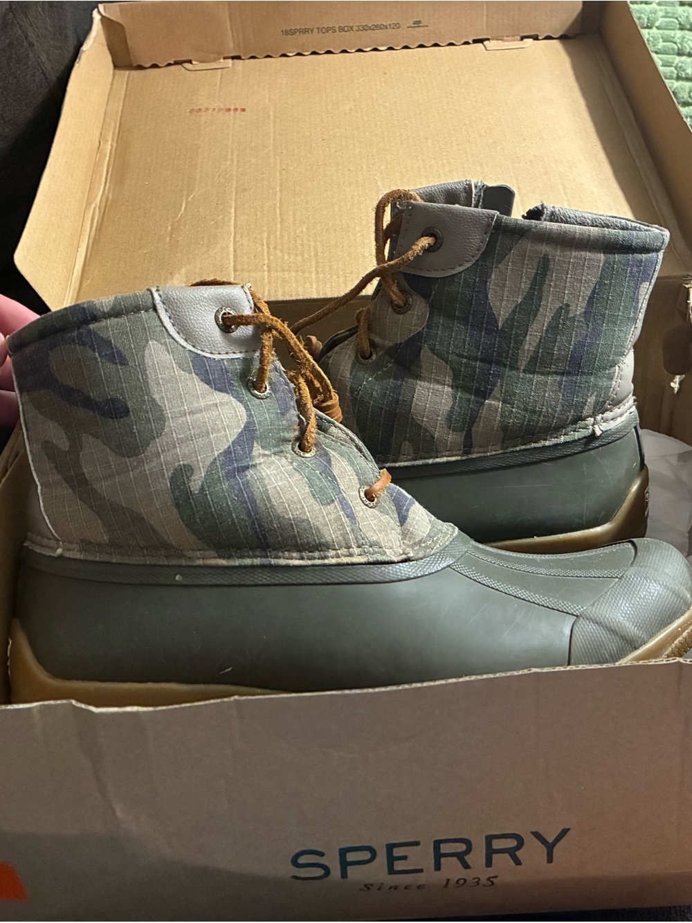 Sperry Camo Canvas and Olive Rubber Lace-Up Boots